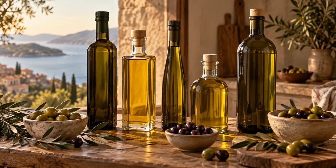 Assorted olive oil bottles of different shapes and tints on a rustic wooden counter beside bowls of olives