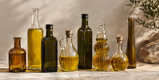 Row of assorted unbranded glass oil bottles in different shapes and sizes on a pale stone surface