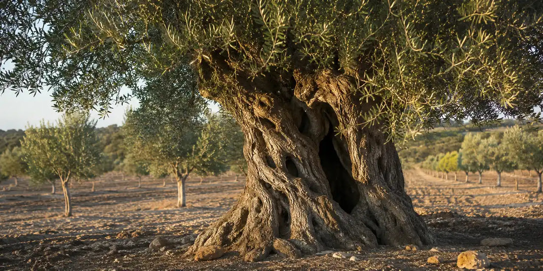 Ancient olive tree with a twisted fissured trunk in a dry stony grove, younger trees behind in warm light