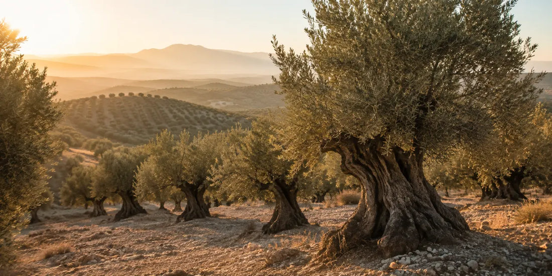 Old Andalusian olive grove on rolling limestone hills with gnarled trees and silver-green foliage in morning haze
