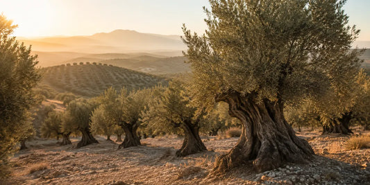 Old Andalusian olive grove on rolling limestone hills with gnarled trees and silver-green foliage in morning haze