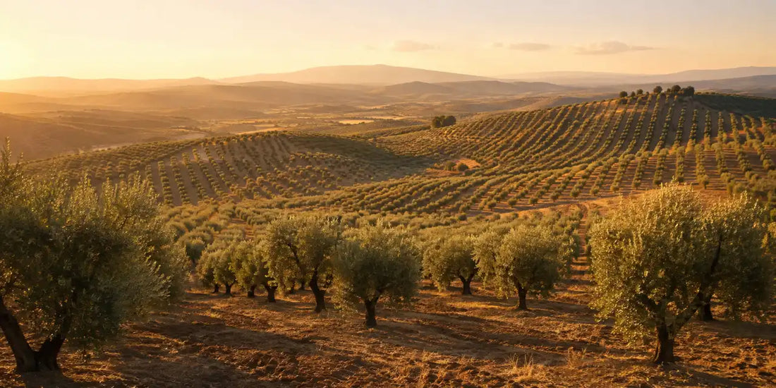 Endless neat rows of olive trees covering rolling Andalusian hills with dry red-brown earth between them