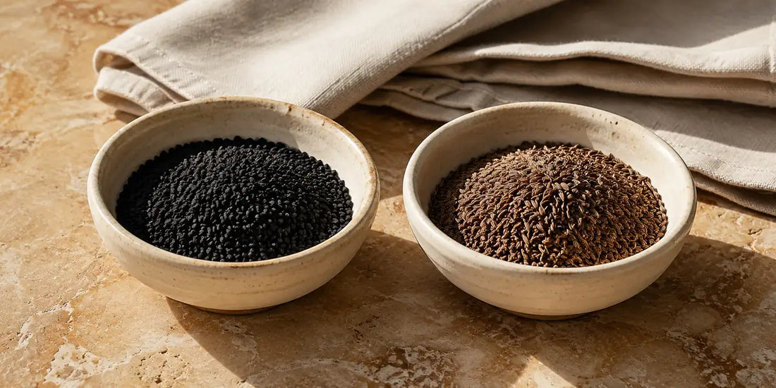 Two small pale bowls of different dark seeds side by side on a warm stone surface in soft light