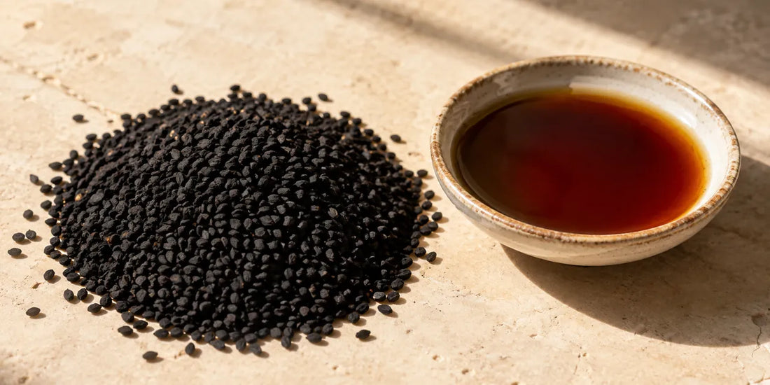 Matte black Nigella sativa seeds beside a shallow ceramic dish of deep amber oil on pale stone