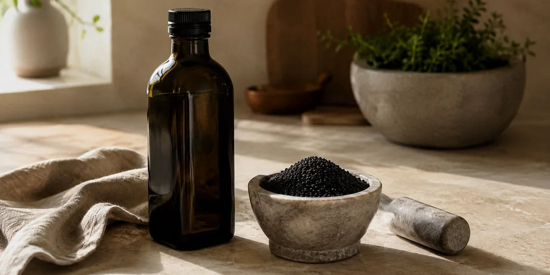 Dark glass oil bottle beside a stone mortar of black cumin seeds and a linen cloth on pale worktop