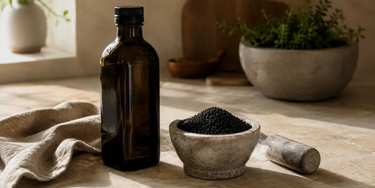 Dark glass oil bottle beside a stone mortar of black cumin seeds and a linen cloth on pale worktop