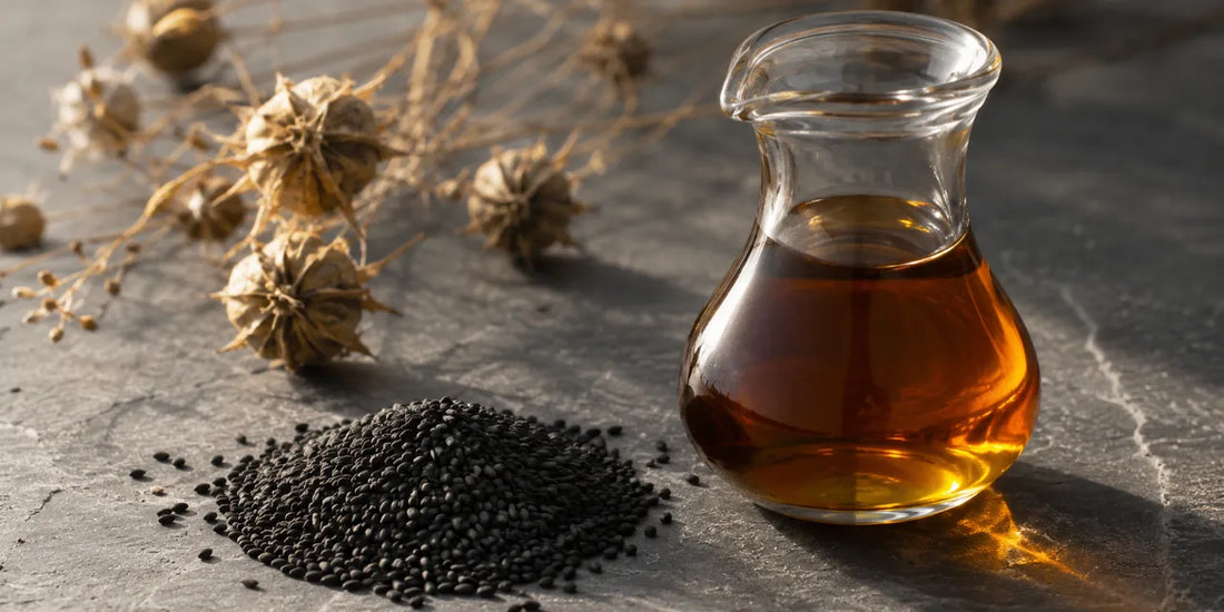 Matte black Nigella sativa seeds beside a clear glass carafe of deep amber oil on grey slate