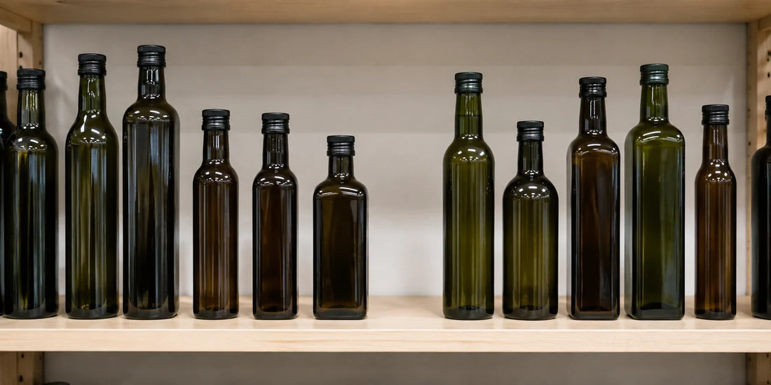 Row of unbranded dark green and amber glass oil bottles of varied heights on pale grocery shelf