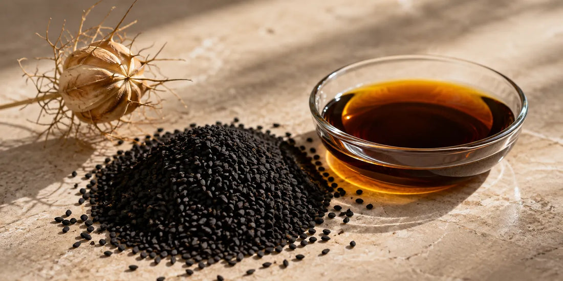 Heap of matte black Nigella sativa seeds beside glass dish of deep bronze oil on pale stone