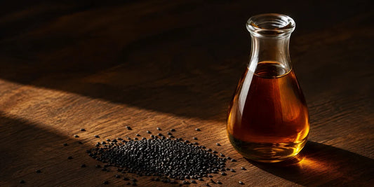 Clear glass carafe of deep golden-brown oil beside scattered matte black sesame seeds on dark walnut