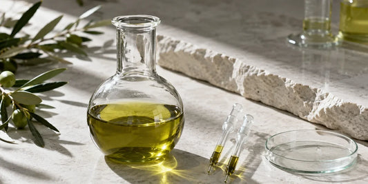 Clear laboratory flask of deep green-gold olive oil beside glass pipettes on a pale stone bench in soft light
