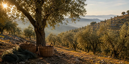 Terraced olive grove on a Campanian hillside with woven harvest baskets beneath the trees in warm morning light