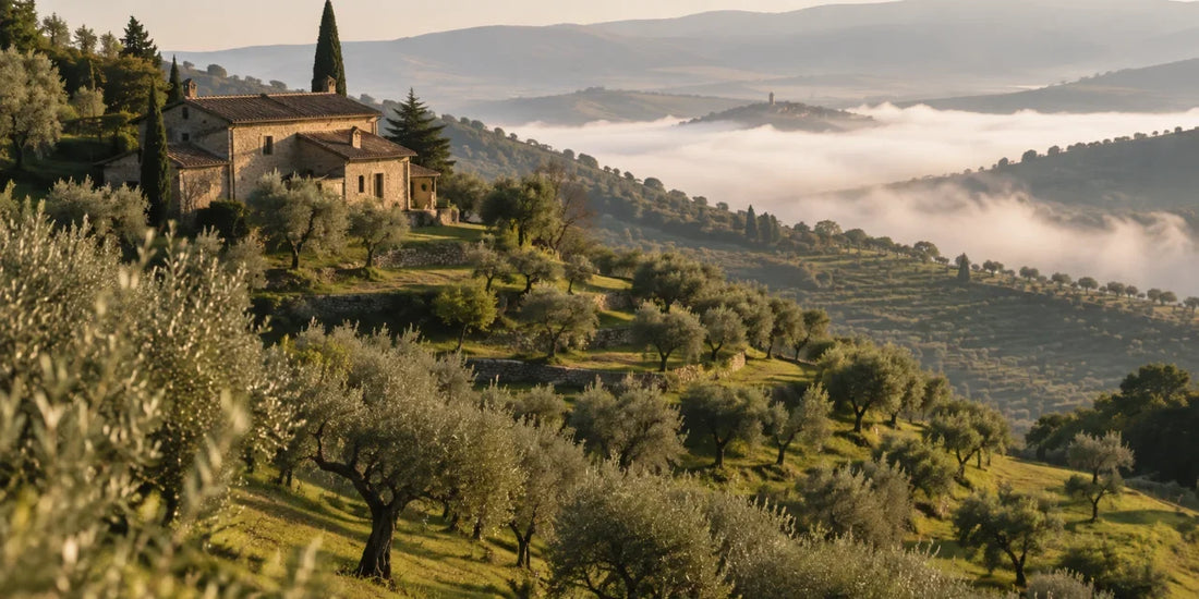 Terraced Umbrian hillsides planted with old olive trees and a stone farmhouse under soft golden morning light