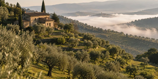 Terraced Umbrian hillsides planted with old olive trees and a stone farmhouse under soft golden morning light