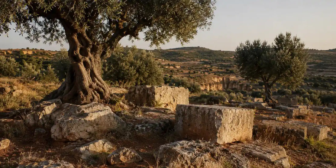 Ancient gnarled olive trees with twisted trunks growing among huge weathered blocks of pale golden limestone in warm light