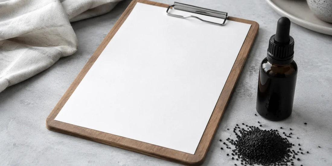 Wooden clipboard holding a blank sheet beside a small dark glass dropper bottle and a heap of black seeds
