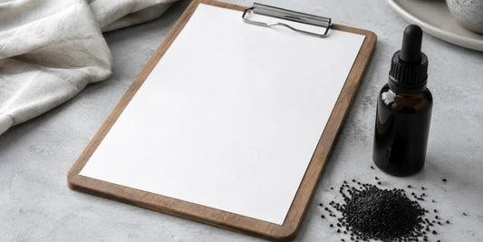Wooden clipboard holding a blank sheet beside a small dark glass dropper bottle and a heap of black seeds