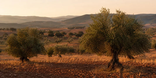 Rolling dry Extremadura farmland with widely spaced mature olive trees on red-brown stony soil in golden light