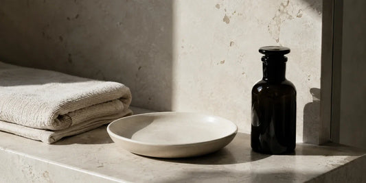 Folded cotton towel, a cream ceramic dish and a small dark glass bottle on a pale stone shelf