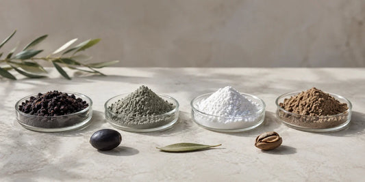 Four small glass dishes of different olive powders on pale stone beside a whole olive and dried leaf