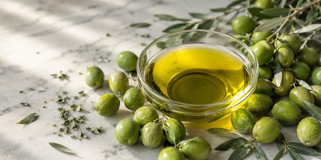 A shallow glass bowl of vivid green-gold olive oil surrounded by bright green olives and crushed leaves