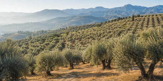 Rows of silver-leaved olive trees across a sunlit Greek hillside with distant hills in soft morning light