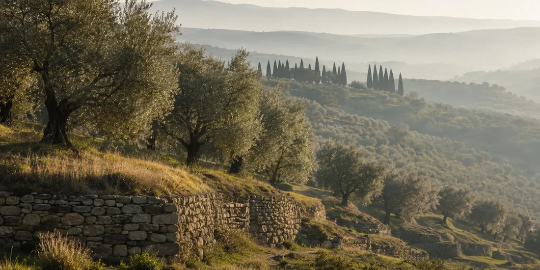 Terraced hillside of mature olive trees with dry stone walls and distant cypress trees in soft morning light