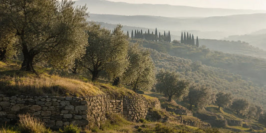 Terraced hillside of mature olive trees with dry stone walls and distant cypress trees in soft morning light