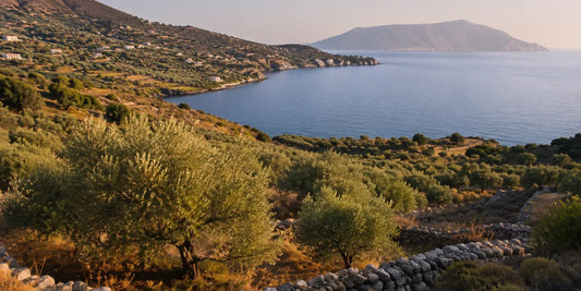 Hillside of dense low olive trees running down towards a calm blue bay in warm afternoon light