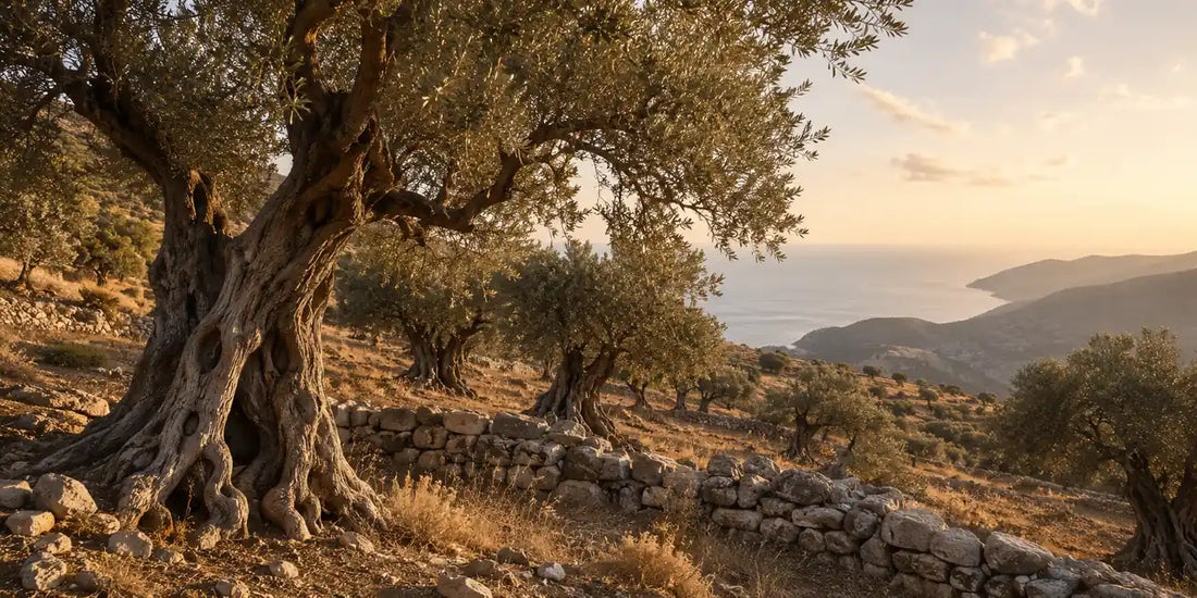 Ancient gnarled olive trees with silvery leaves on a dry Cretan hillside in warm early evening light