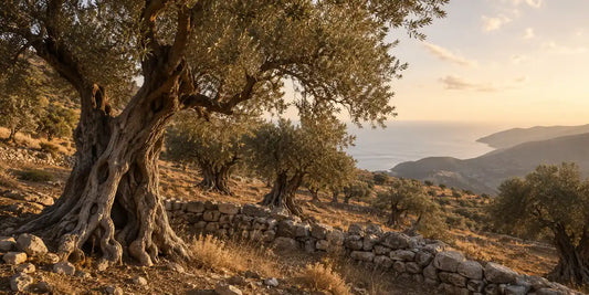 Ancient gnarled olive trees with silvery leaves on a dry Cretan hillside in warm early evening light