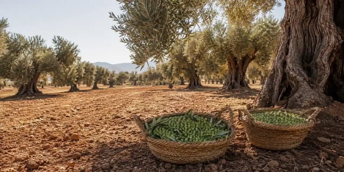 Silver-leafed olive trees in a sunlit Moroccan grove with woven baskets of freshly picked green olives