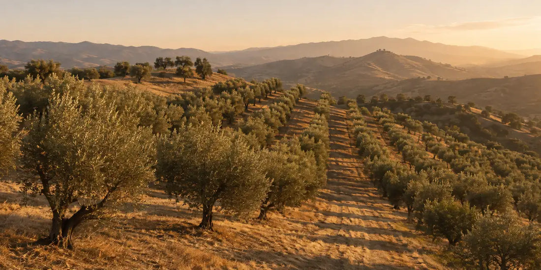 Rows of olive trees on dry rolling Californian hills under warm low afternoon light with long shadows