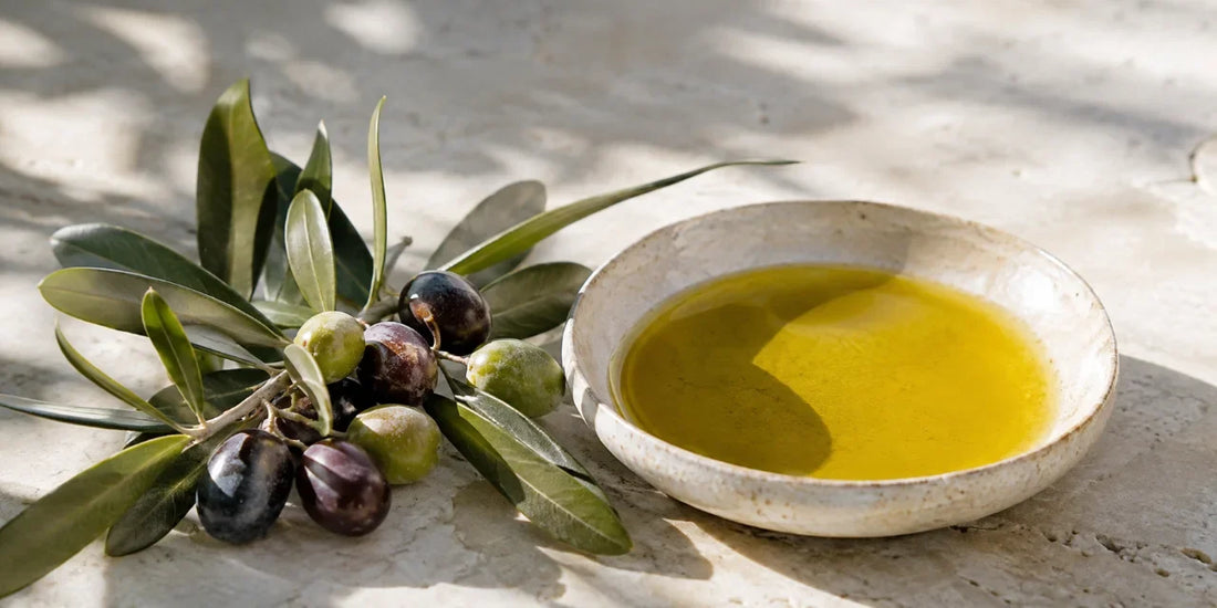 Ripe green and dark olives on a silver-green branch beside a shallow dish of rich golden-green oil on pale stone