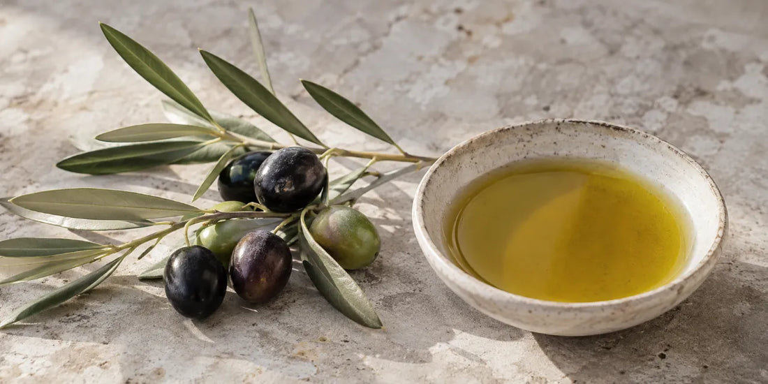 Ripe olives on a silver-green branch beside a shallow dish of rich golden-green olive oil on pale stone