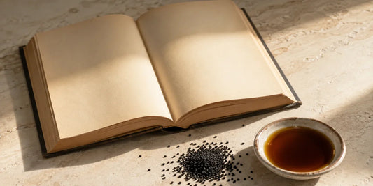Open hardback book with blank cream pages beside a shallow dish of deep amber oil and black seeds