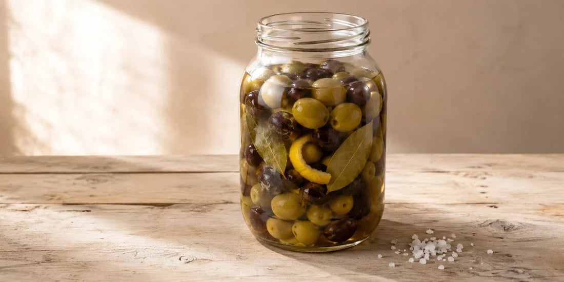 Large glass jar of green and dark olives in cloudy brine with bay leaf and lemon peel on scrubbed wood