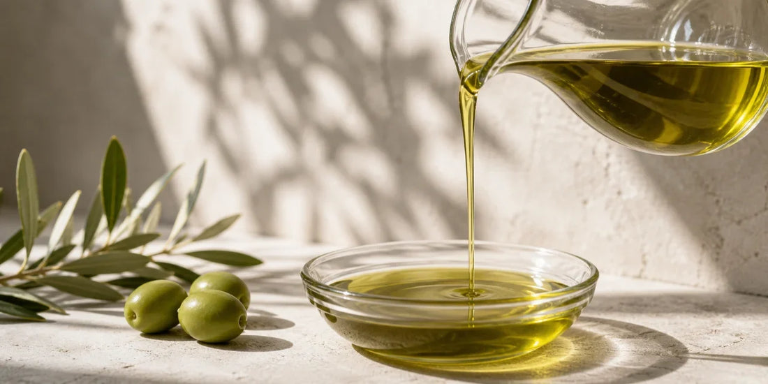 A steady thread of green-gold olive oil pouring into a plain glass bowl on a pale stone surface