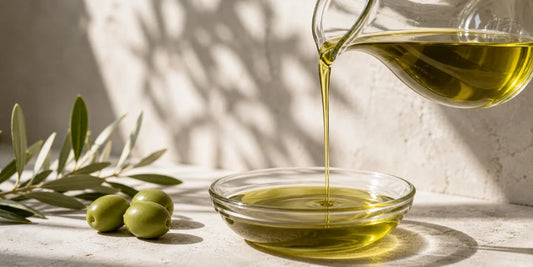 A steady thread of green-gold olive oil pouring into a plain glass bowl on a pale stone surface