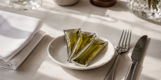 Three sealed single-serve sachets of olive oil on a white side plate beside cutlery on a linen tablecloth