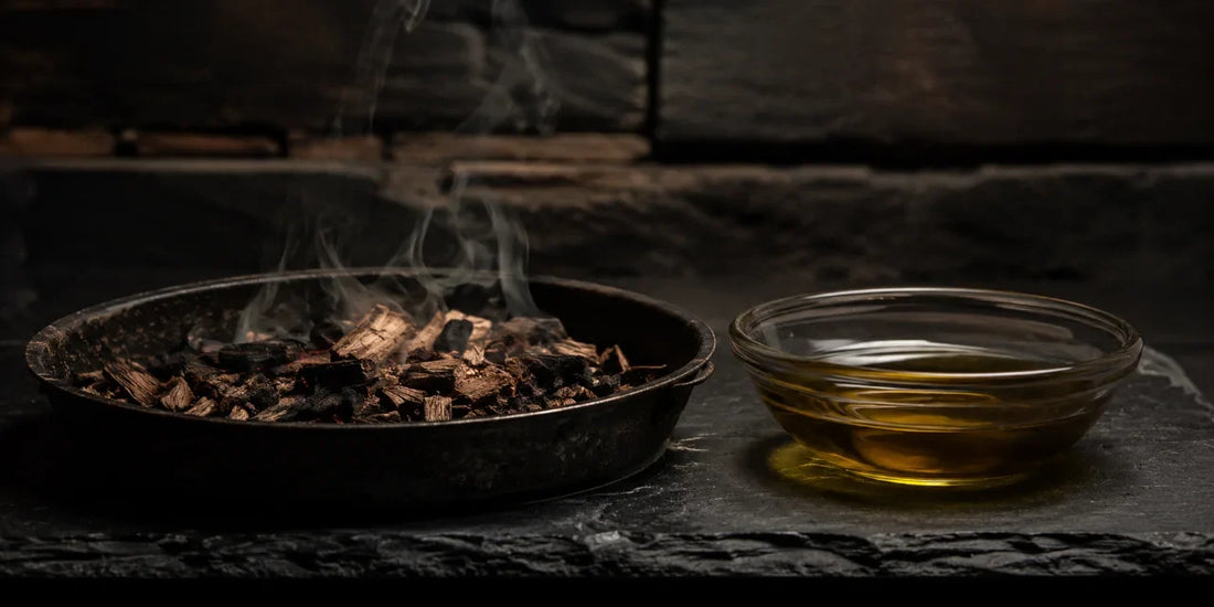 Smouldering oak wood chips in a blackened tray beside a glass bowl of golden-green olive oil on slate