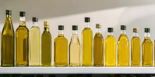 A row of unbranded olive oil bottles of varying heights on a clean light shelf in soft directional daylight