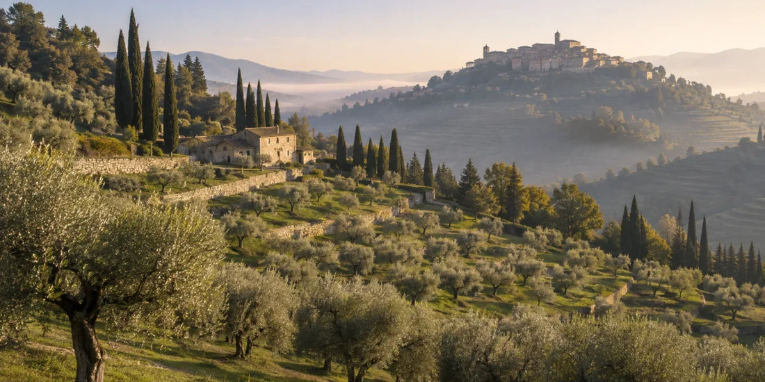 Terraced olive groves stepping down a green Umbrian hillside with cypress trees and a distant stone town