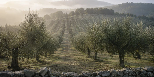 Rows of olive trees on a gentle Umbrian slope behind a dry stone wall in soft morning mist