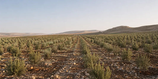 Regimented rows of young olive trees on stony reddish desert ground under a wide pale morning sky
