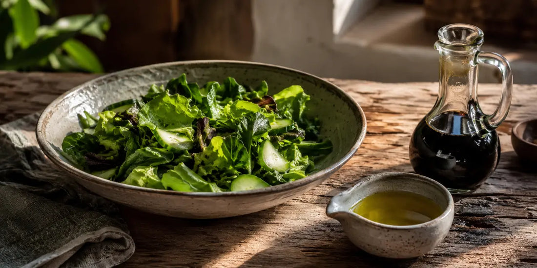 Ceramic bowl of dressed green leaves beside a jug of green-gold olive oil and a dark vinegar cruet on wood