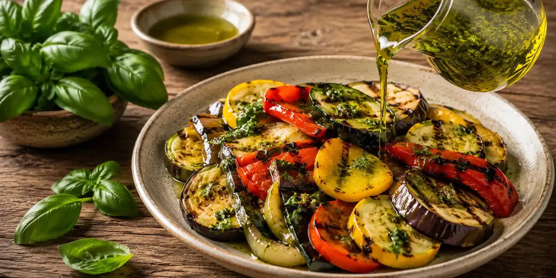 Green basil oil poured over a dish of grilled vegetables on a wooden table with fresh basil leaves