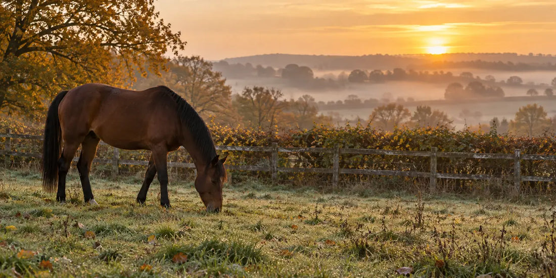 Bay horse grazing in a misty autumn paddock at sunrise beside a wooden fence and hedgerow