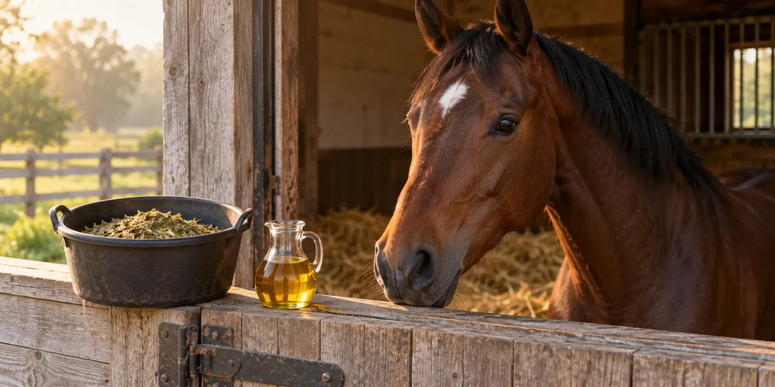 Bay horse looking over a wooden stable door beside a feed bucket and a small jug of oil
