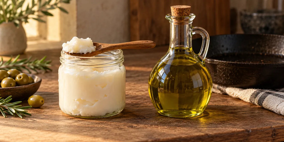 Glass jar of creamy-white beef tallow beside a cruet of golden-green olive oil on a weathered oak counter